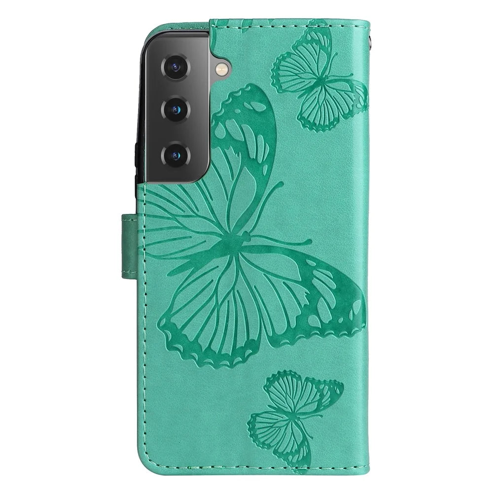 For Samsung Galaxy S22 5G Wallet Case Floral Butterfly Imprinted Leather Phone Cover Stand - Green - 3