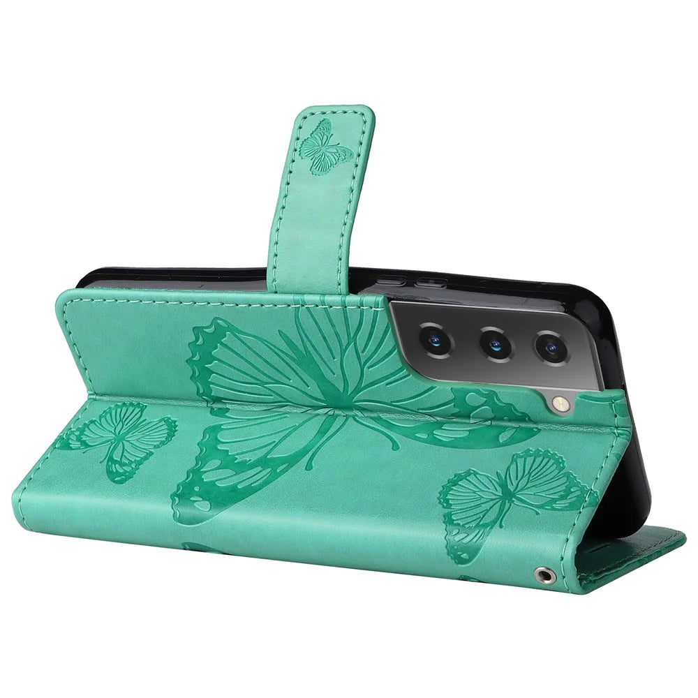 For Samsung Galaxy S22 5G Wallet Case Floral Butterfly Imprinted Leather Phone Cover Stand - Green - 4