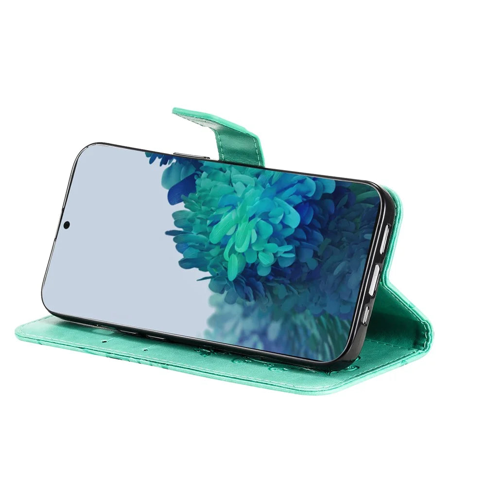 For Samsung Galaxy S22 5G Wallet Case Floral Butterfly Imprinted Leather Phone Cover Stand - Green - 5