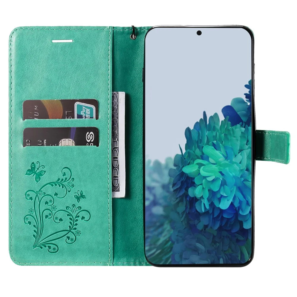 For Samsung Galaxy S22 5G Wallet Case Floral Butterfly Imprinted Leather Phone Cover Stand - Green - 6