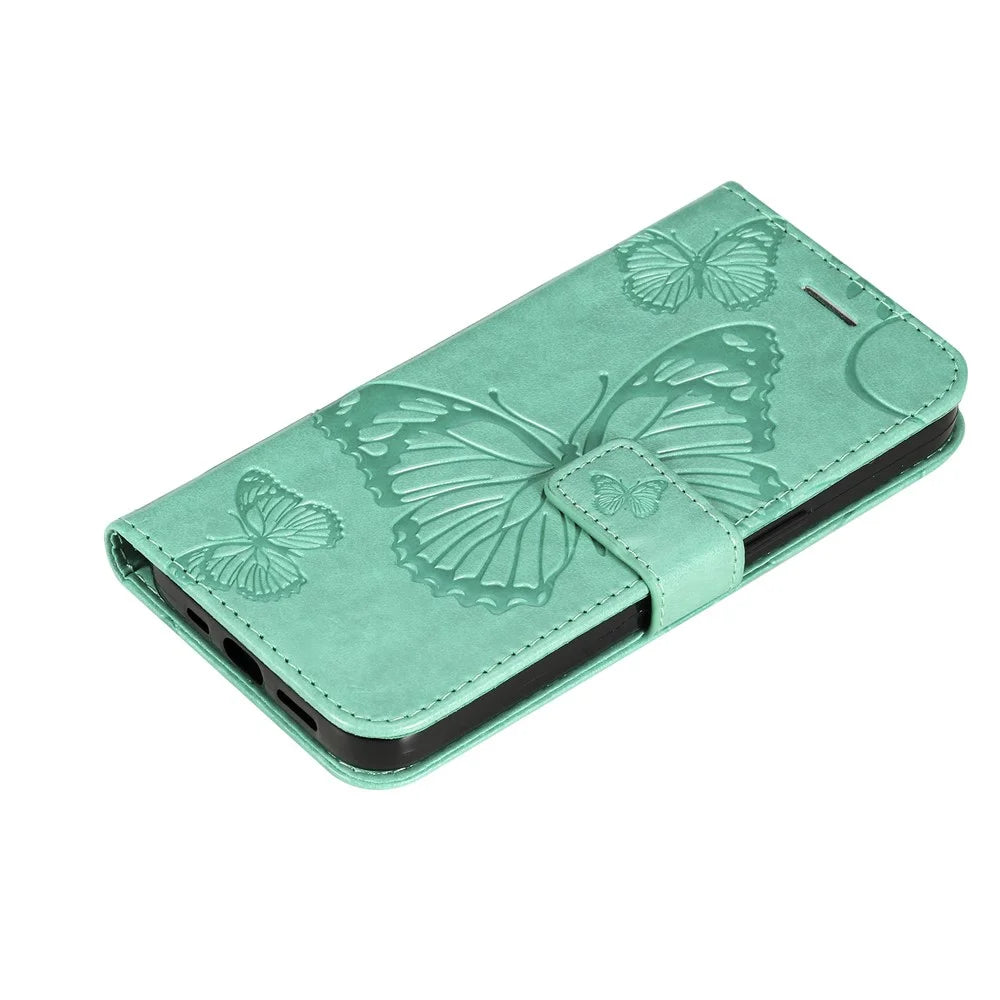 For Samsung Galaxy S22 5G Wallet Case Floral Butterfly Imprinted Leather Phone Cover Stand - Green - 7