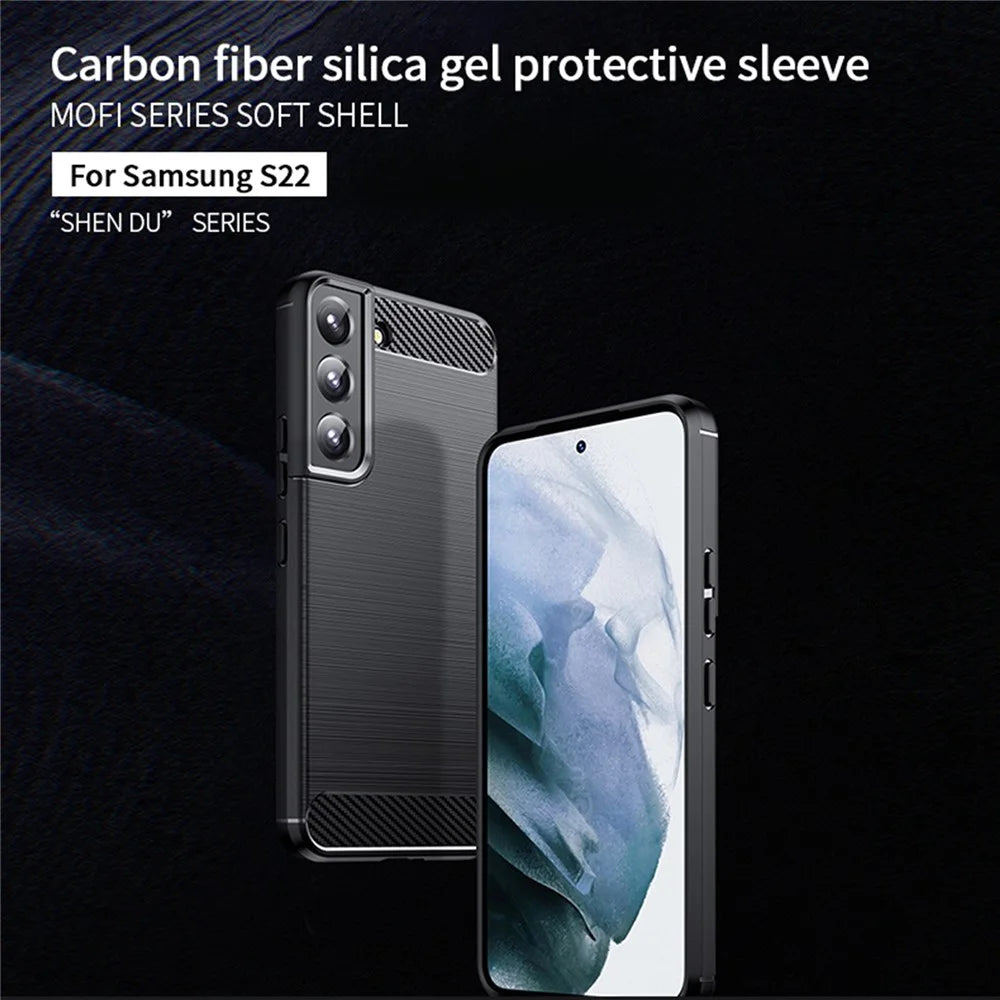 MOFI Brushed Carbon Fiber Design Case Scratch-resistant Soft TPU Cover Shell for Samsung Galaxy S22 5G - Black - 3