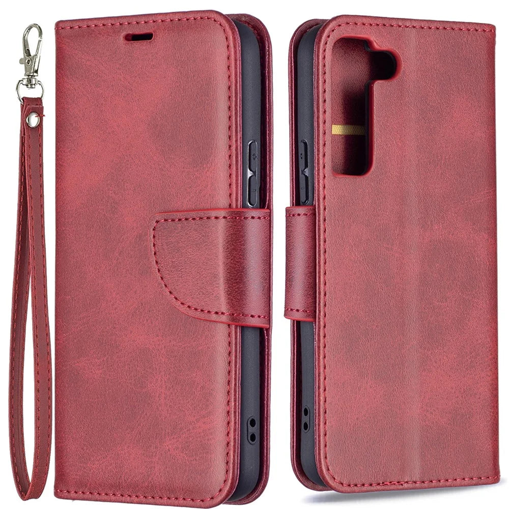 PU Leather Wallet Stand Anti-fall Smartphone Protection Case with Wrist Strap for Samsung Galaxy S22 5G - Red - 1