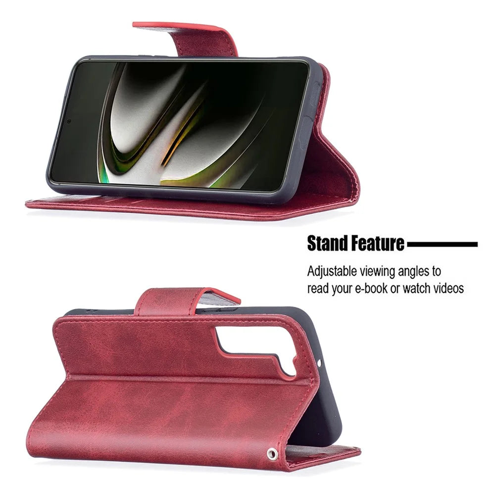 PU Leather Wallet Stand Anti-fall Smartphone Protection Case with Wrist Strap for Samsung Galaxy S22 5G - Red - 2