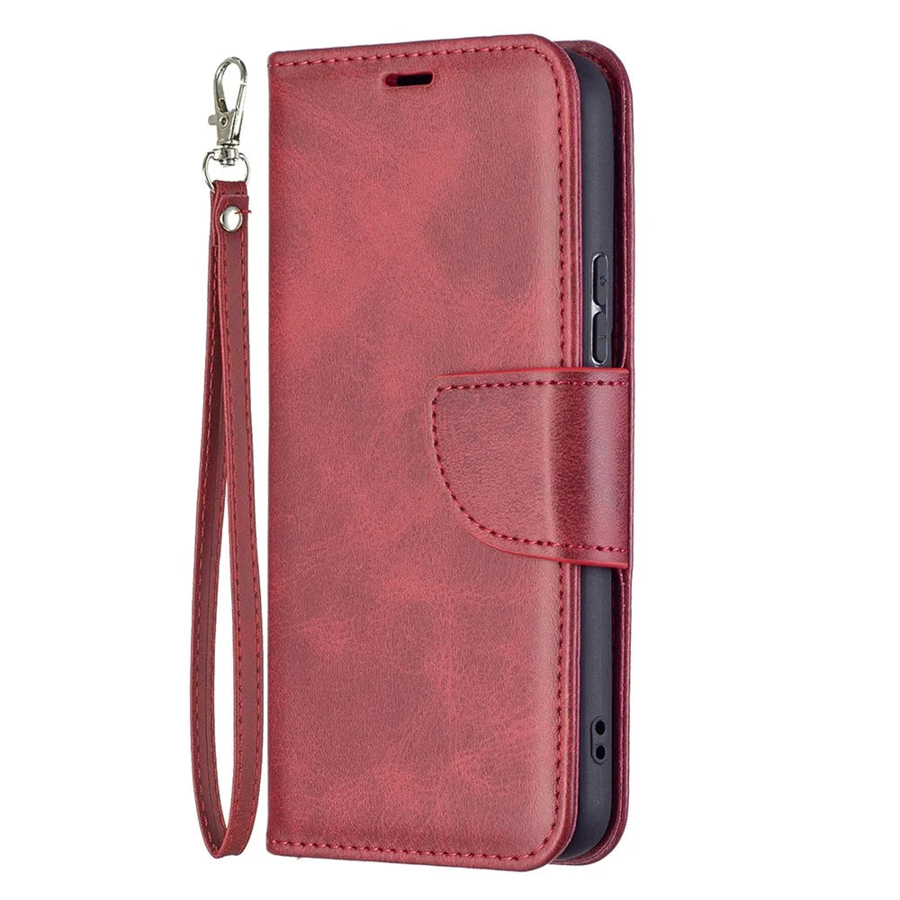 PU Leather Wallet Stand Anti-fall Smartphone Protection Case with Wrist Strap for Samsung Galaxy S22 5G - Red - 4