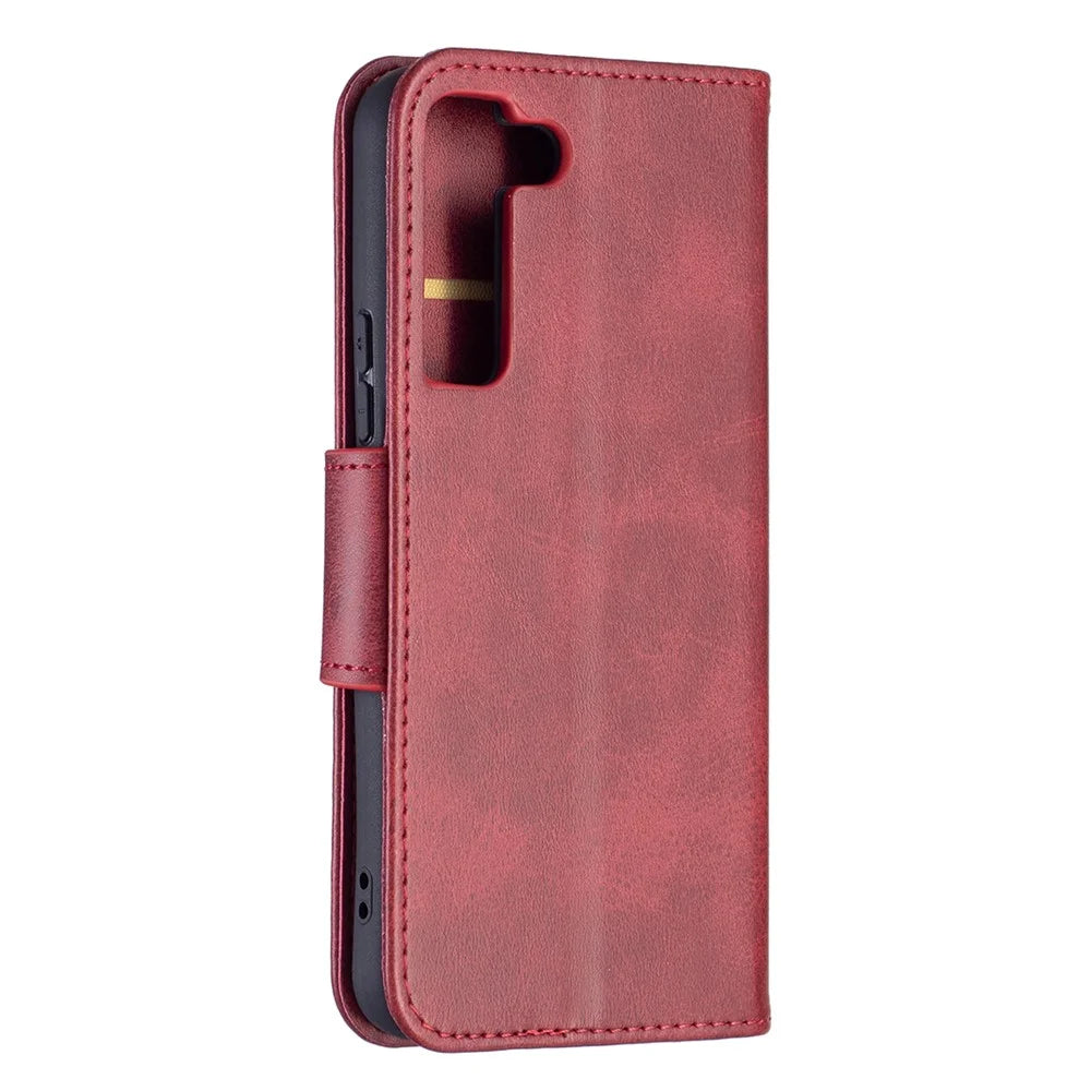 PU Leather Wallet Stand Anti-fall Smartphone Protection Case with Wrist Strap for Samsung Galaxy S22 5G - Red - 5