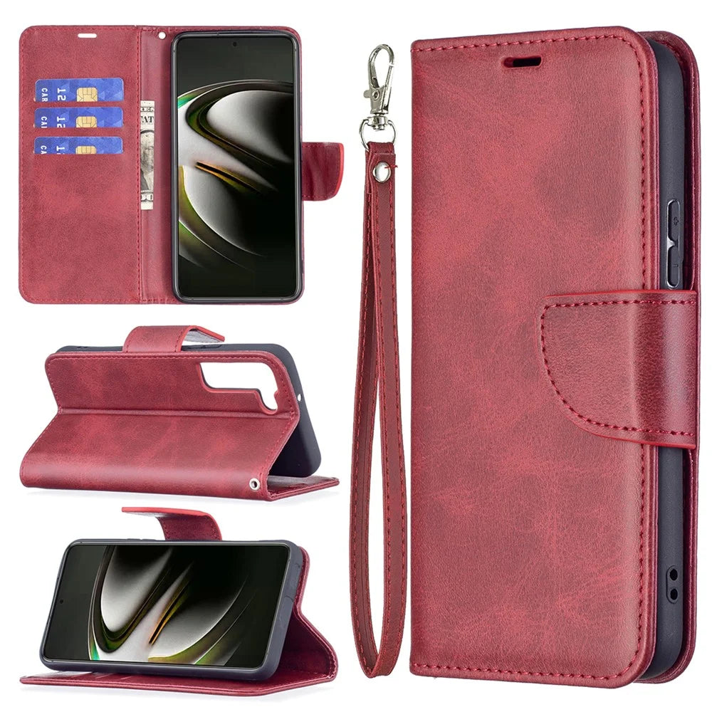 PU Leather Wallet Stand Anti-fall Smartphone Protection Case with Wrist Strap for Samsung Galaxy S22 5G - Red - 6