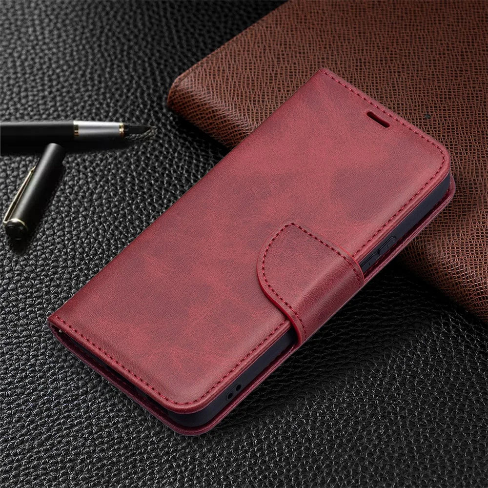PU Leather Wallet Stand Anti-fall Smartphone Protection Case with Wrist Strap for Samsung Galaxy S22 5G - Red - 7