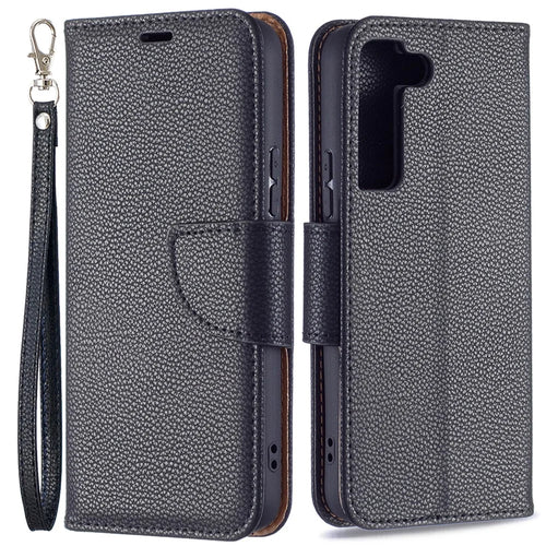 Litchi Texture PU Leather Wallet Stand Anti-drop Phone Protection Case with Handy Strap for Samsung Galaxy S22 5G - Black - 1