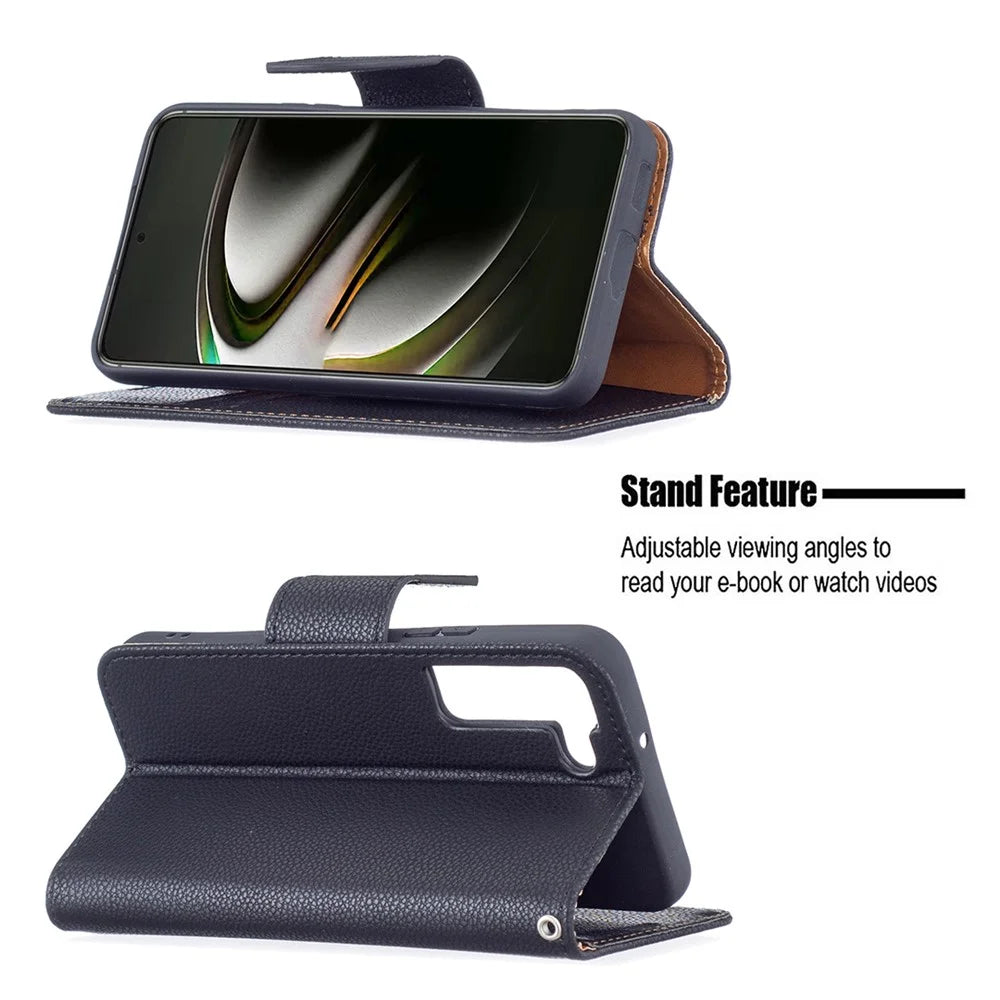 Litchi Texture PU Leather Wallet Stand Anti-drop Phone Protection Case with Handy Strap for Samsung Galaxy S22 5G - Black - 2
