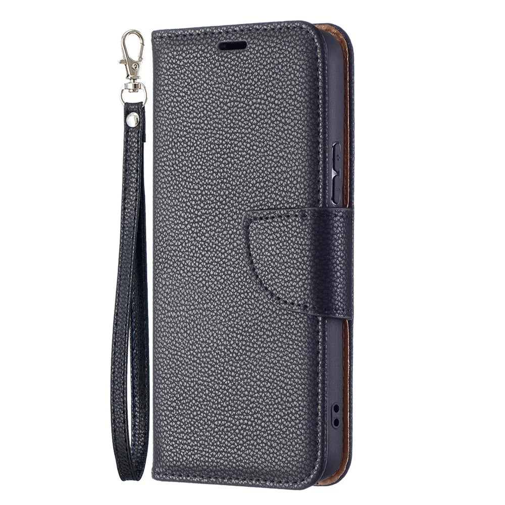 Litchi Texture PU Leather Wallet Stand Anti-drop Phone Protection Case with Handy Strap for Samsung Galaxy S22 5G - Black - 4