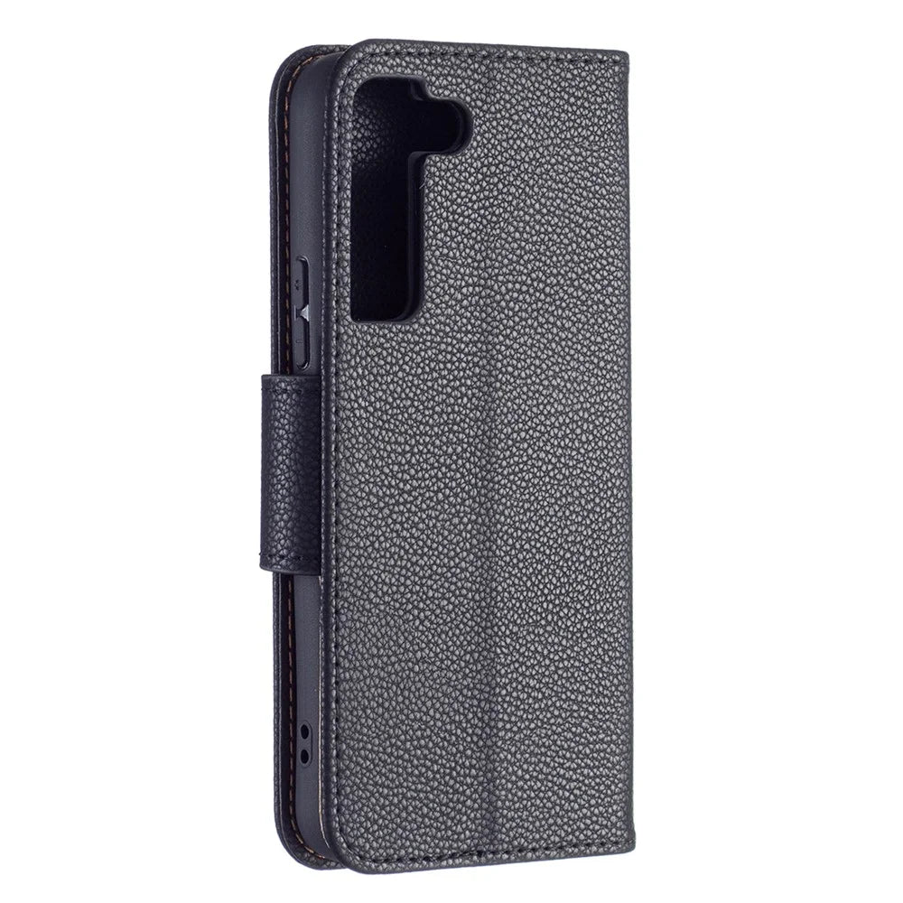 Litchi Texture PU Leather Wallet Stand Anti-drop Phone Protection Case with Handy Strap for Samsung Galaxy S22 5G - Black - 5