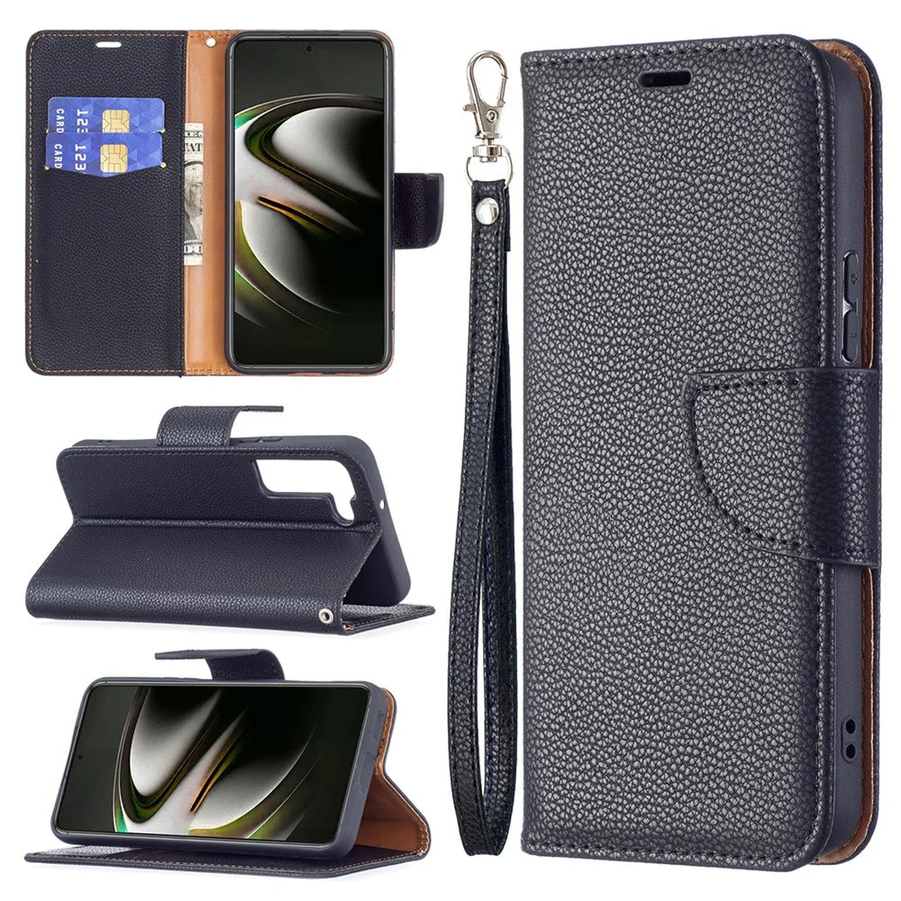 Litchi Texture PU Leather Wallet Stand Anti-drop Phone Protection Case with Handy Strap for Samsung Galaxy S22 5G - Black - 6