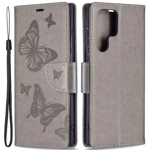 PU Leather Flip Folio Cover Butterfly Imprinted Wallet Stand Shockproof Protective Cover with Strap for Samsung Galaxy S22 Ultra 5G - Grey - 1