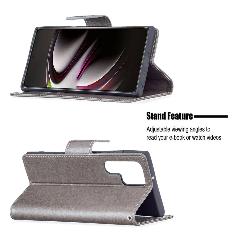 PU Leather Flip Folio Cover Butterfly Imprinted Wallet Stand Shockproof Protective Cover with Strap for Samsung Galaxy S22 Ultra 5G - Grey - 2