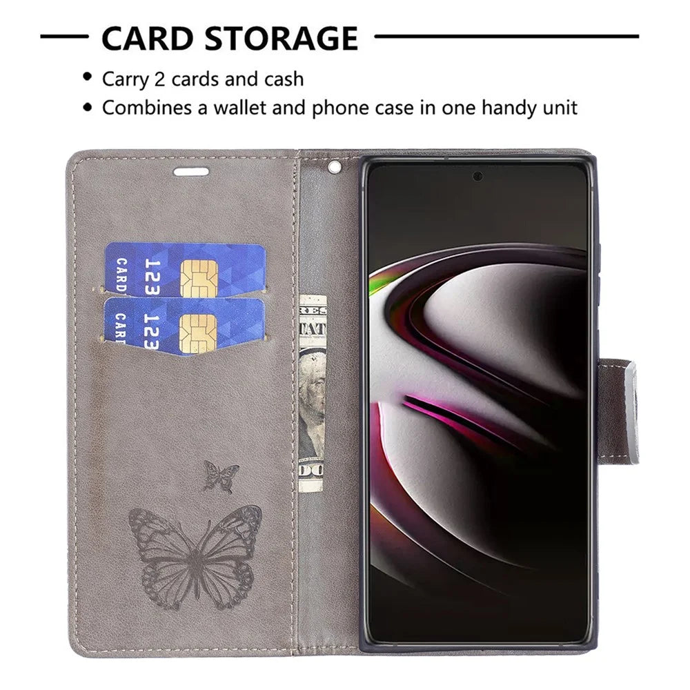 PU Leather Flip Folio Cover Butterfly Imprinted Wallet Stand Shockproof Protective Cover with Strap for Samsung Galaxy S22 Ultra 5G - Grey - 3