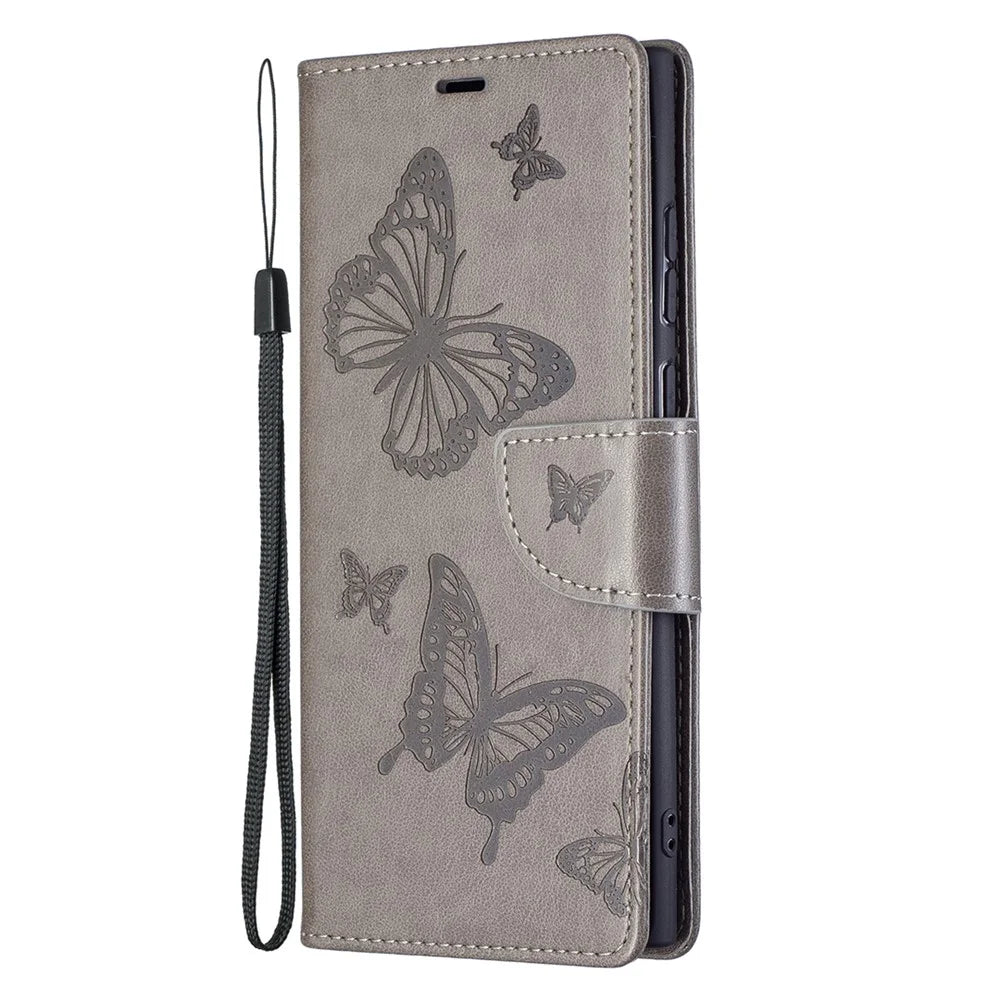 PU Leather Flip Folio Cover Butterfly Imprinted Wallet Stand Shockproof Protective Cover with Strap for Samsung Galaxy S22 Ultra 5G - Grey - 4