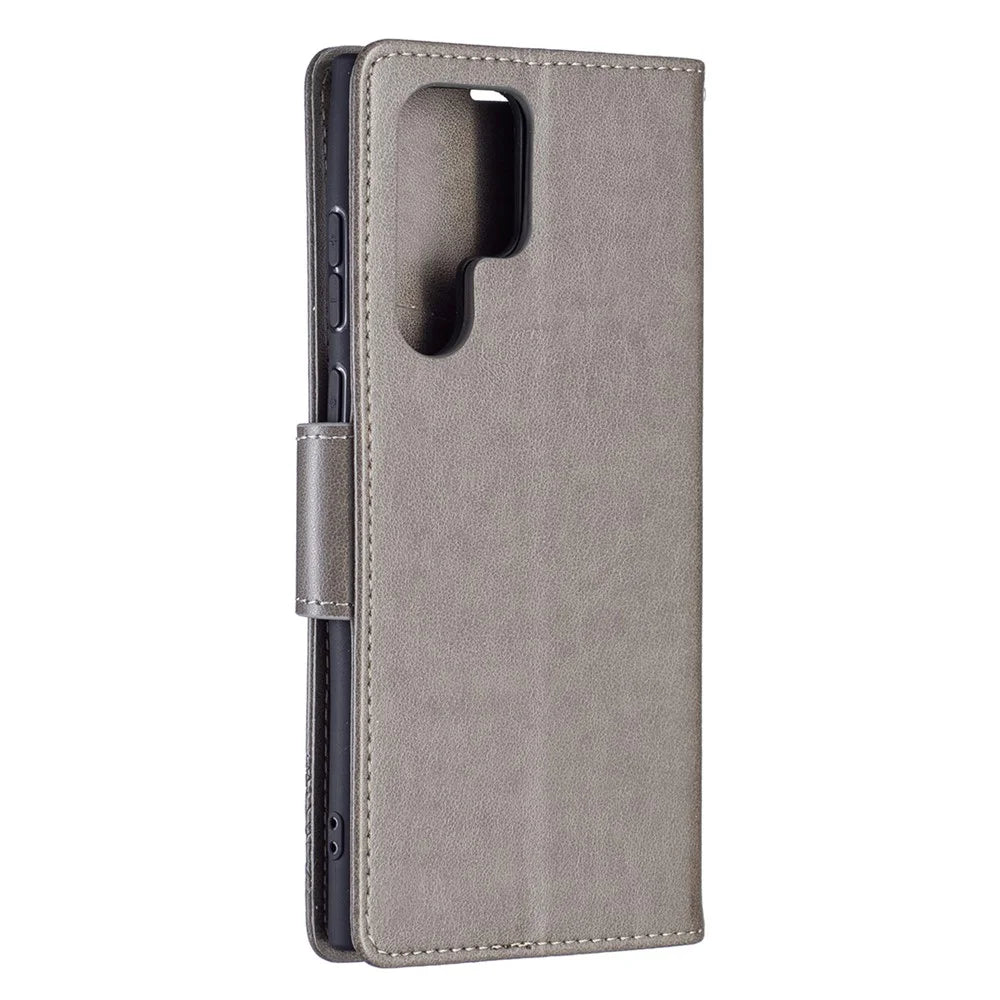 PU Leather Flip Folio Cover Butterfly Imprinted Wallet Stand Shockproof Protective Cover with Strap for Samsung Galaxy S22 Ultra 5G - Grey - 5