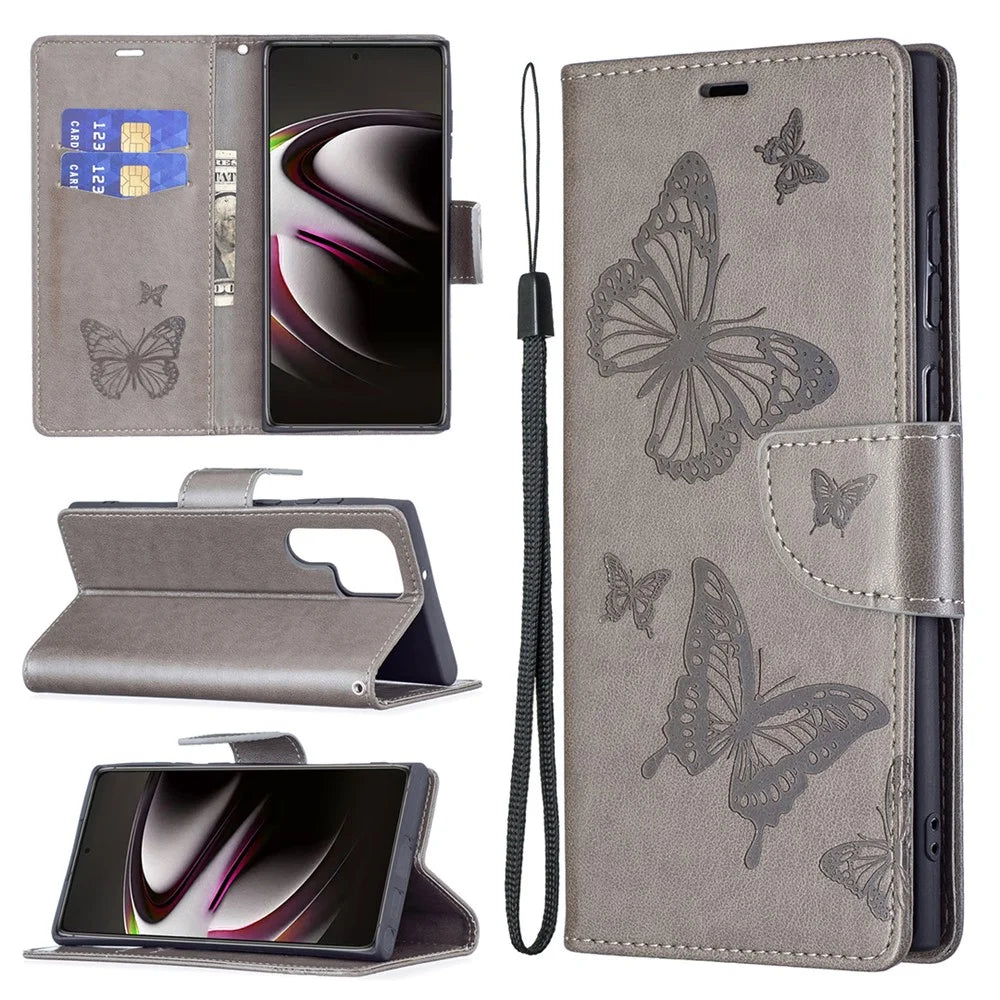 PU Leather Flip Folio Cover Butterfly Imprinted Wallet Stand Shockproof Protective Cover with Strap for Samsung Galaxy S22 Ultra 5G - Grey - 6