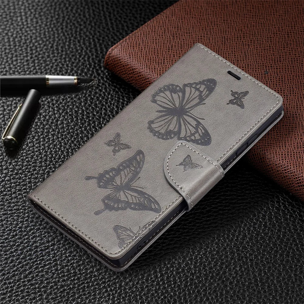 PU Leather Flip Folio Cover Butterfly Imprinted Wallet Stand Shockproof Protective Cover with Strap for Samsung Galaxy S22 Ultra 5G - Grey - 7