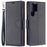 Litchi Texture Solid Color PU Leather Wallet Stand Case Protective Phone Shell with Wrist Strap for Samsung Galaxy S22 Ultra 5G - Black - 1