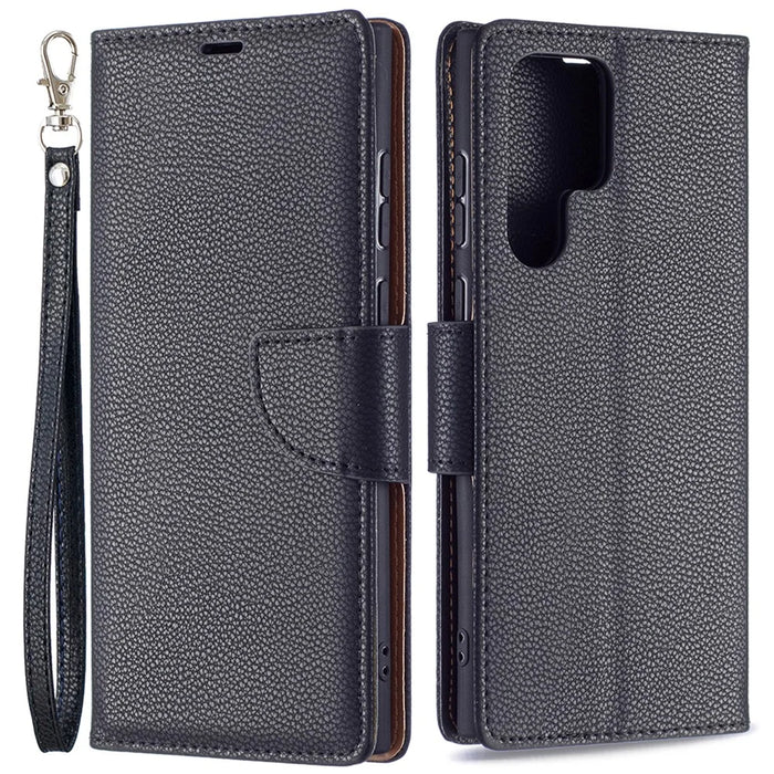 Litchi Texture Solid Color PU Leather Wallet Stand Case Protective Phone Shell with Wrist Strap for Samsung Galaxy S22 Ultra 5G - Black - 1