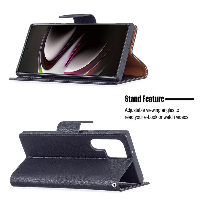 Litchi Texture Solid Color PU Leather Wallet Stand Case Protective Phone Shell with Wrist Strap for Samsung Galaxy S22 Ultra 5G - Black - 2