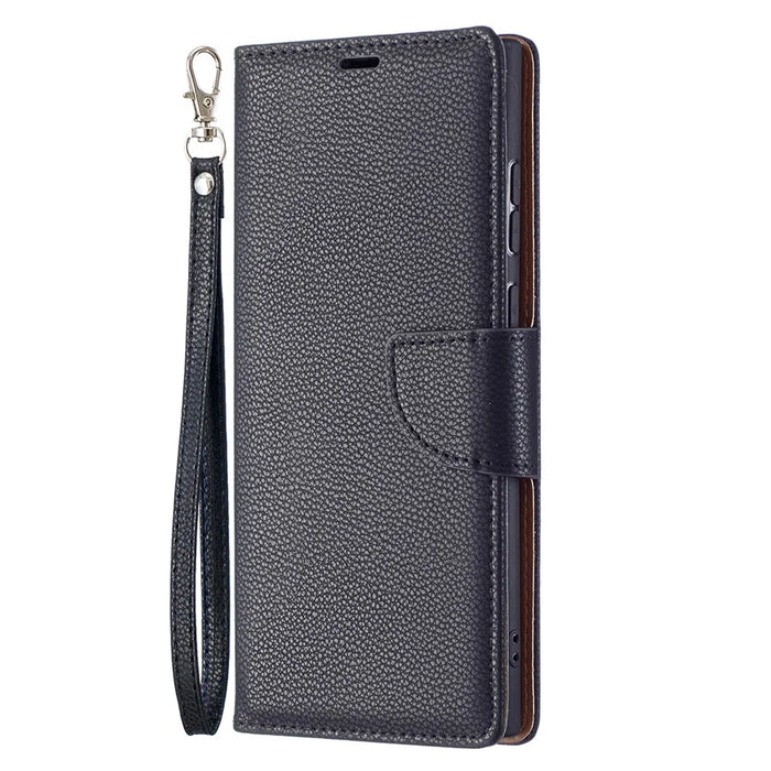 Litchi Texture Solid Color PU Leather Wallet Stand Case Protective Phone Shell with Wrist Strap for Samsung Galaxy S22 Ultra 5G - Black - 4