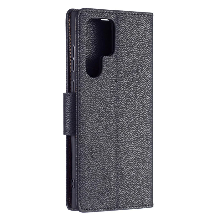 Litchi Texture Solid Color PU Leather Wallet Stand Case Protective Phone Shell with Wrist Strap for Samsung Galaxy S22 Ultra 5G - Black - 5