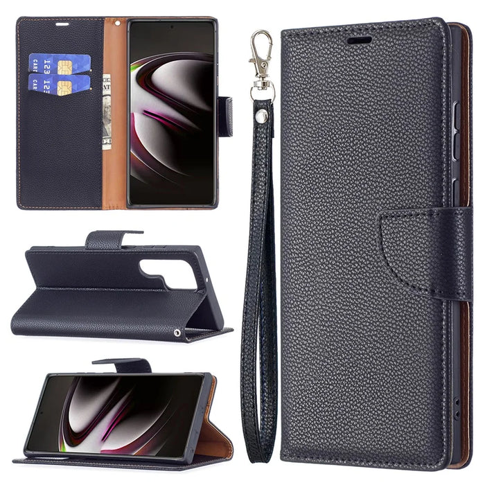 Litchi Texture Solid Color PU Leather Wallet Stand Case Protective Phone Shell with Wrist Strap for Samsung Galaxy S22 Ultra 5G - Black - 6