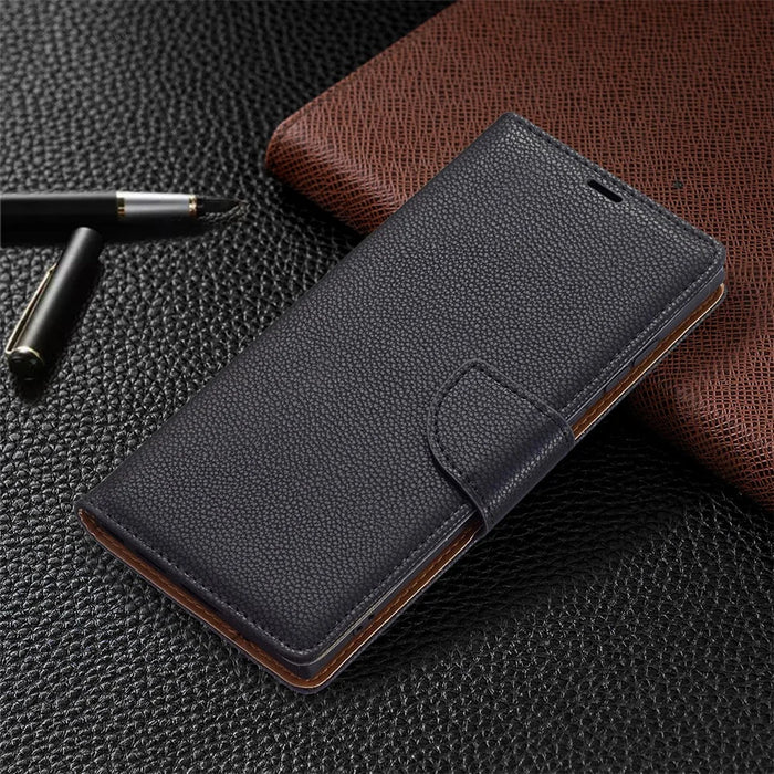 Litchi Texture Solid Color PU Leather Wallet Stand Case Protective Phone Shell with Wrist Strap for Samsung Galaxy S22 Ultra 5G - Black - 7