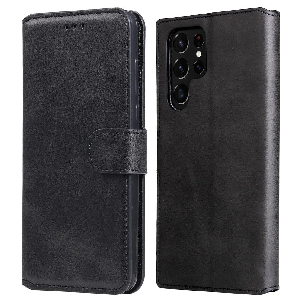 Wallet Stand PU Leather + TPU Full Protection Magnetic Clasp Phone Cover Case for Samsung Galaxy S22 Ultra 5G - Black - 1