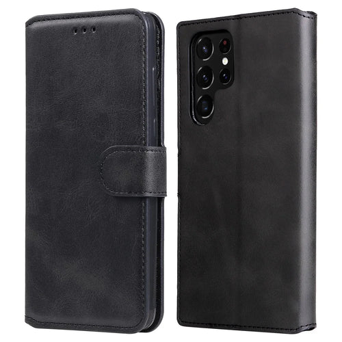 Wallet Stand PU Leather + TPU Full Protection Magnetic Clasp Phone Cover Case for Samsung Galaxy S22 Ultra 5G - Black - 1