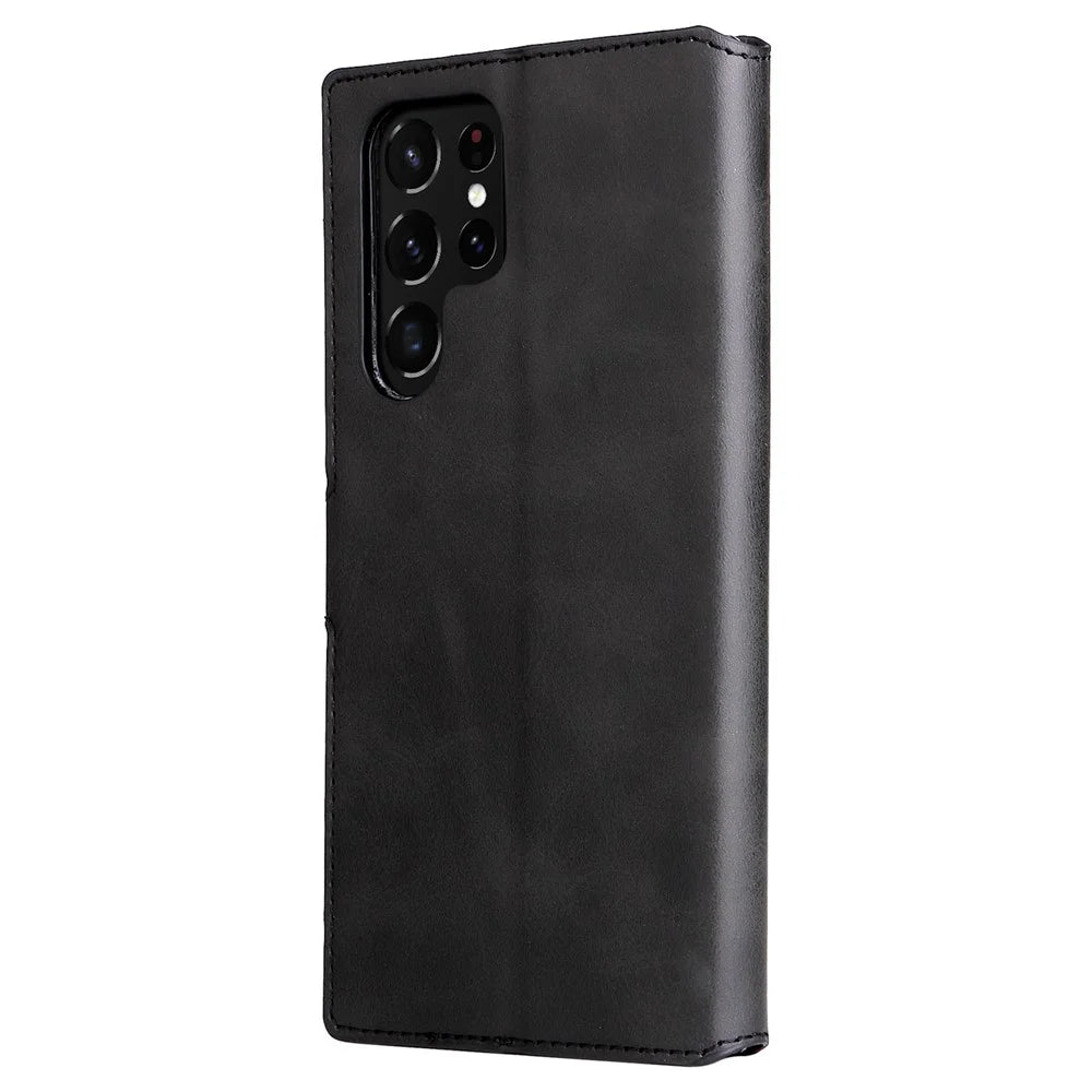 Wallet Stand PU Leather + TPU Full Protection Magnetic Clasp Phone Cover Case for Samsung Galaxy S22 Ultra 5G - Black - 3
