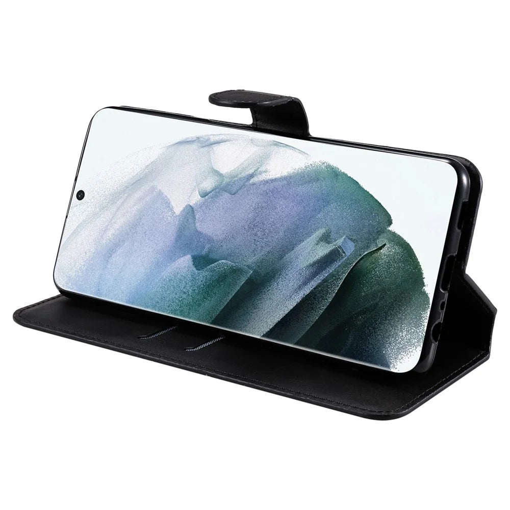 Wallet Stand PU Leather + TPU Full Protection Magnetic Clasp Phone Cover Case for Samsung Galaxy S22 Ultra 5G - Black - 5