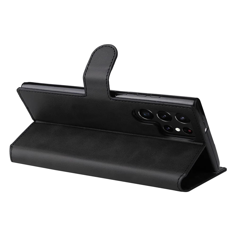 Wallet Stand PU Leather + TPU Full Protection Magnetic Clasp Phone Cover Case for Samsung Galaxy S22 Ultra 5G - Black - 6