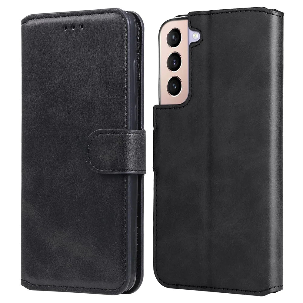 Classic Stand Folio Flip Cover PU Leather Scratch-resistant Well-protected Wallet Phone Case for Samsung Galaxy S22 5G - Black - 1