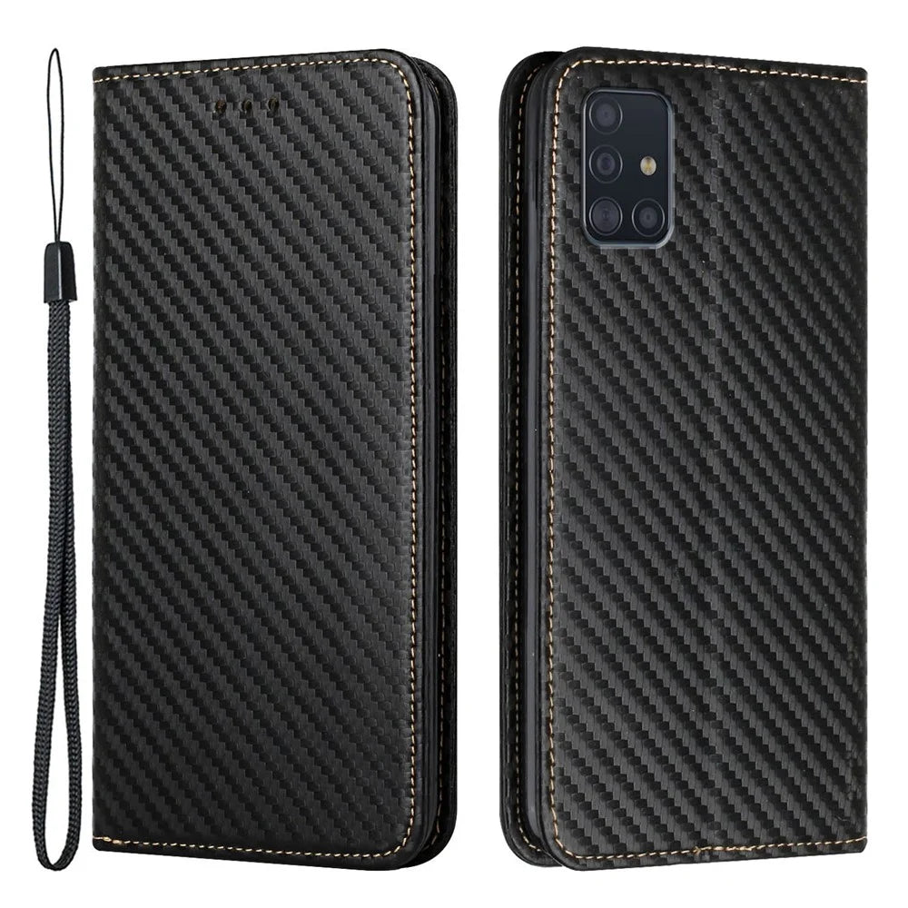 PU Leather + TPU Case Carbon Fiber Texture Magnetic Auto Closing Wallet Stand Phone Shell for Samsung Galaxy A71 4G SM-A715 - Black - 1