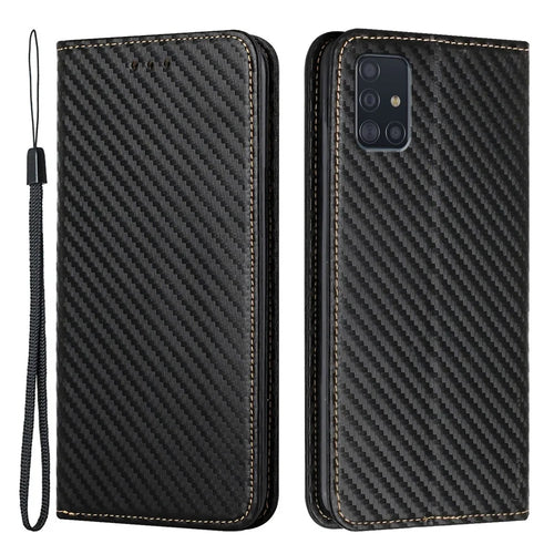 PU Leather + TPU Case Carbon Fiber Texture Magnetic Auto Closing Wallet Stand Phone Shell for Samsung Galaxy A71 4G SM-A715 - Black - 1