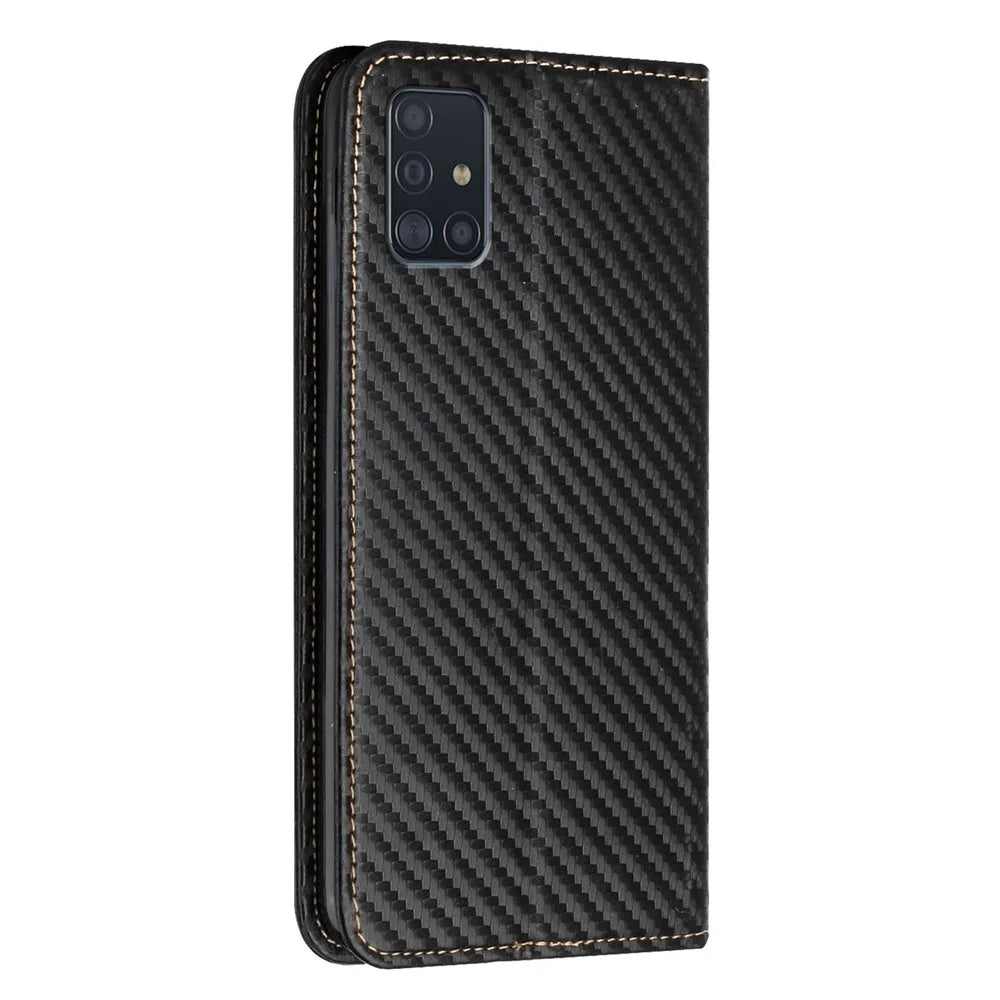 PU Leather + TPU Case Carbon Fiber Texture Magnetic Auto Closing Wallet Stand Phone Shell for Samsung Galaxy A71 4G SM-A715 - Black - 3