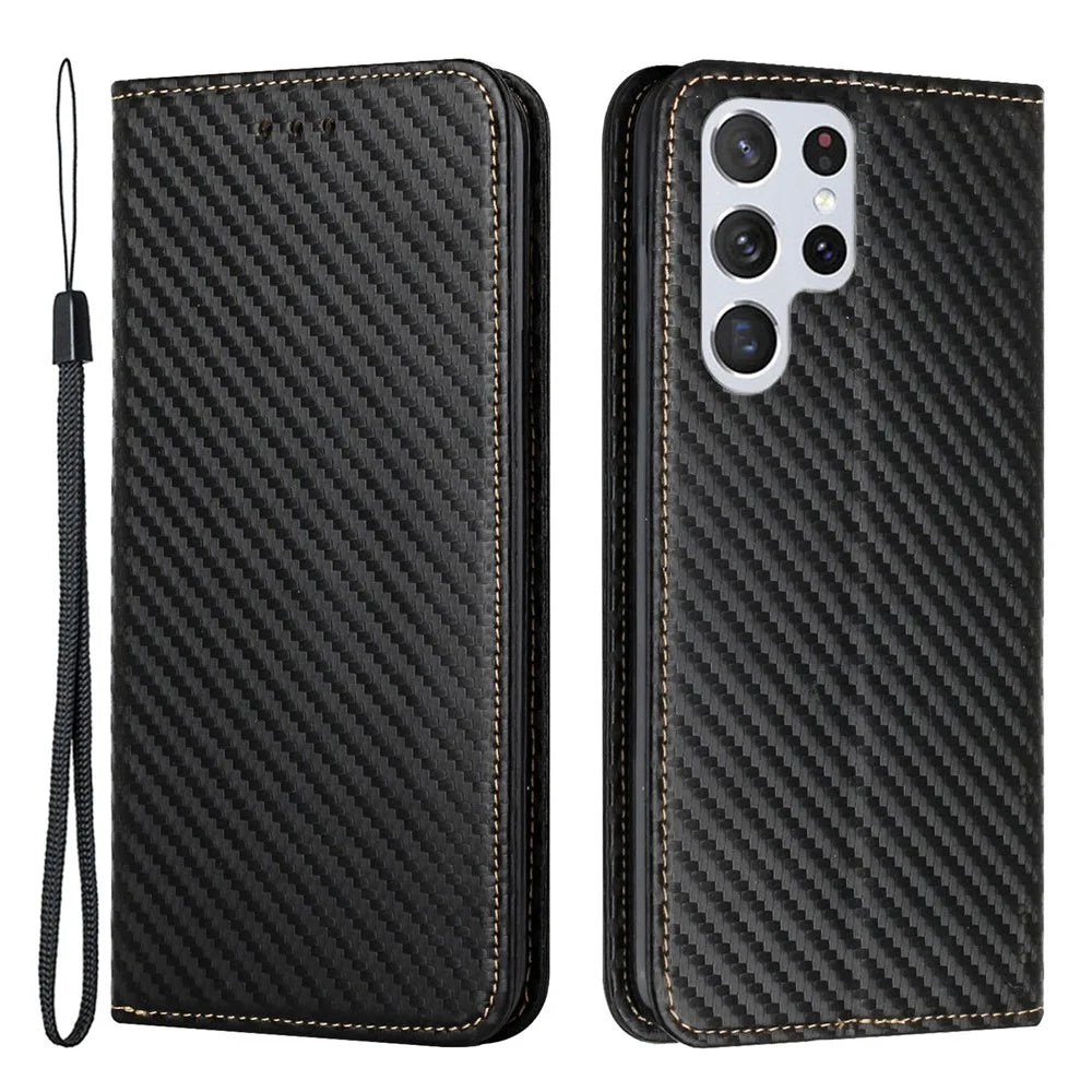 Magnetic Auto-absorbed Carbon Fiber Texture Stand Wallet Leather Phone Case with Wrist Strap for Samsung Galaxy S22 Ultra 5G - Black - 1