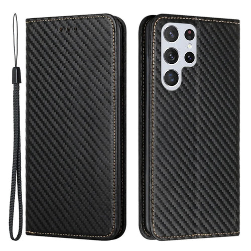 Magnetic Auto-absorbed Carbon Fiber Texture Stand Wallet Leather Phone Case with Wrist Strap for Samsung Galaxy S22 Ultra 5G - Black - 1