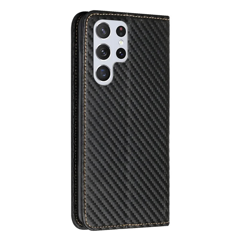 Magnetic Auto-absorbed Carbon Fiber Texture Stand Wallet Leather Phone Case with Wrist Strap for Samsung Galaxy S22 Ultra 5G - Black - 3