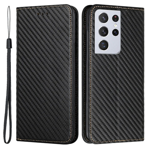 Carbon Fiber Texture Foldable Stand Shockproof Leather Wallet Case with Auto Closure Magnet for Samsung Galaxy S21 Ultra 5G - Black - 1