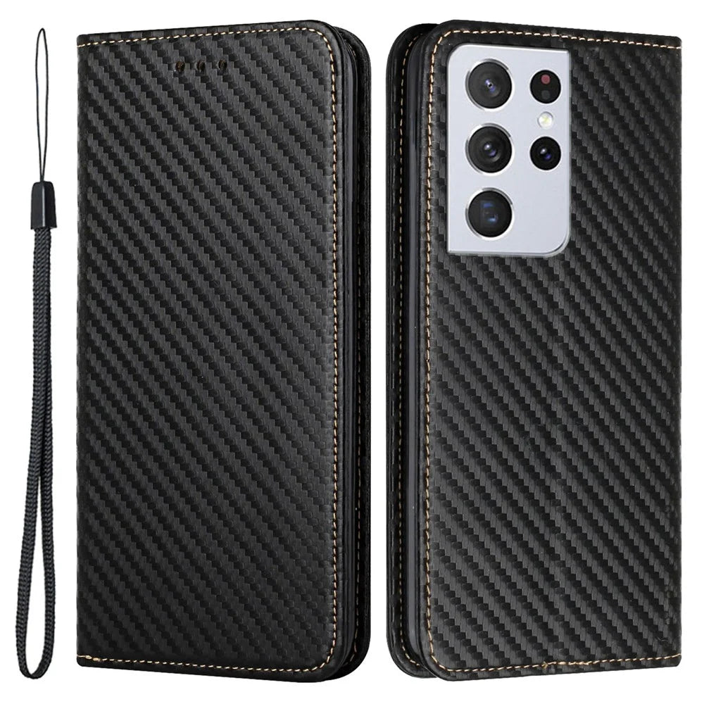 Carbon Fiber Texture Foldable Stand Shockproof Leather Wallet Case with Auto Closure Magnet for Samsung Galaxy S21 Ultra 5G - Black - 1