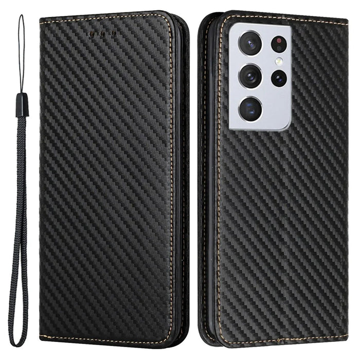 Carbon Fiber Texture Foldable Stand Shockproof Leather Wallet Case with Auto Closure Magnet for Samsung Galaxy S21 Ultra 5G - Black - 1