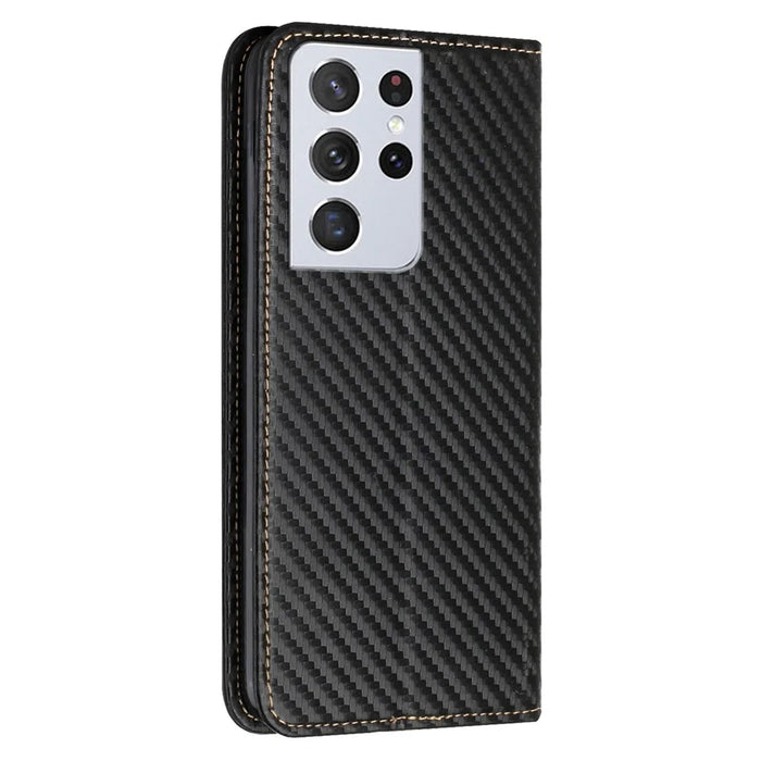 Carbon Fiber Texture Foldable Stand Shockproof Leather Wallet Case with Auto Closure Magnet for Samsung Galaxy S21 Ultra 5G - Black - 3
