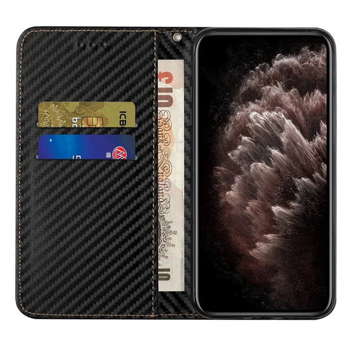 Carbon Fiber Texture Foldable Stand Shockproof Leather Wallet Case with Auto Closure Magnet for Samsung Galaxy S21 Ultra 5G - Black - 4