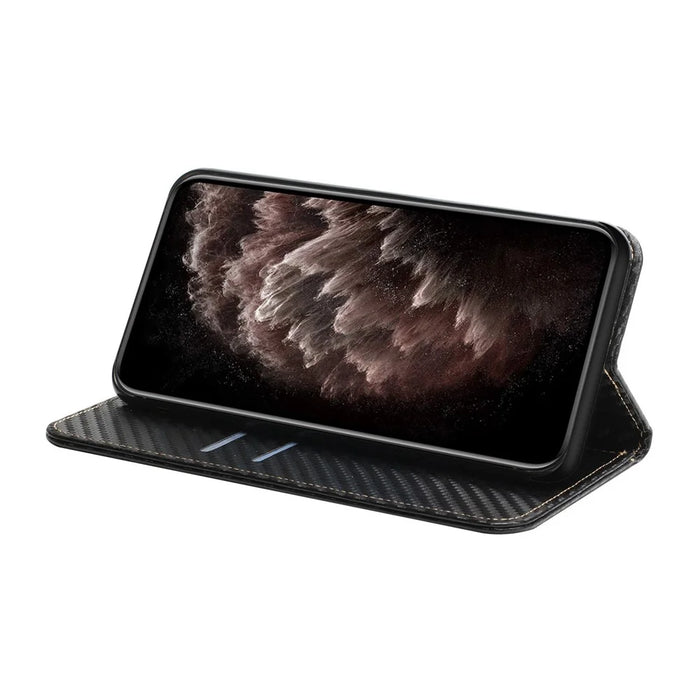 Carbon Fiber Texture Foldable Stand Shockproof Leather Wallet Case with Auto Closure Magnet for Samsung Galaxy S21 Ultra 5G - Black - 5