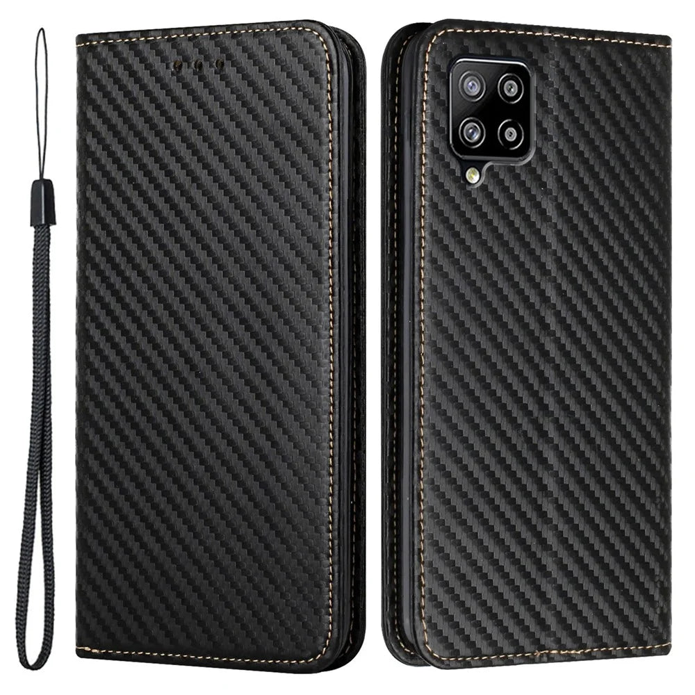 Phone Covering Hand Strap Design Carbon Fiber Texture Stand Wallet Design Auto-absorbed Leather Case for Samsung Galaxy A42 5G - Black - 1